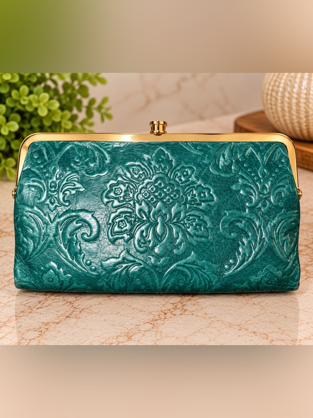 HOBO Teal Embossed Leather Double Frame Clutch Wallet Floral